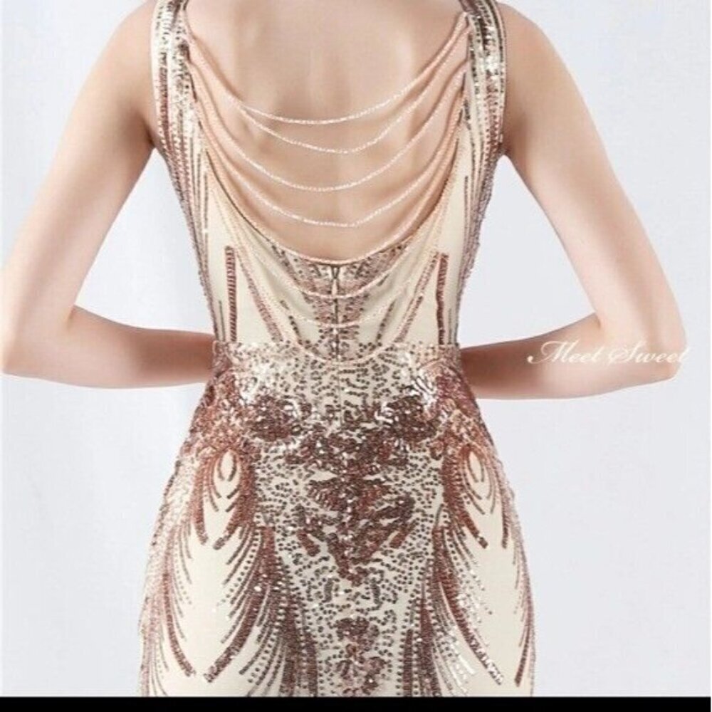 Gold, Double V, Beaded Back,  Draped Skirt,  Contrast Sequined Mermaid Gown - Picture 5 of 13